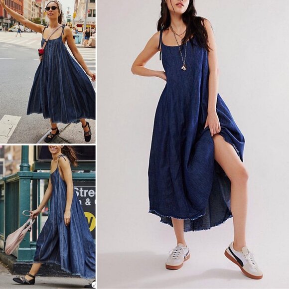 Free People Denim Dreams Sleeveless Midi Dress Medium Blue Wash Sz M - Picture 9 of 14